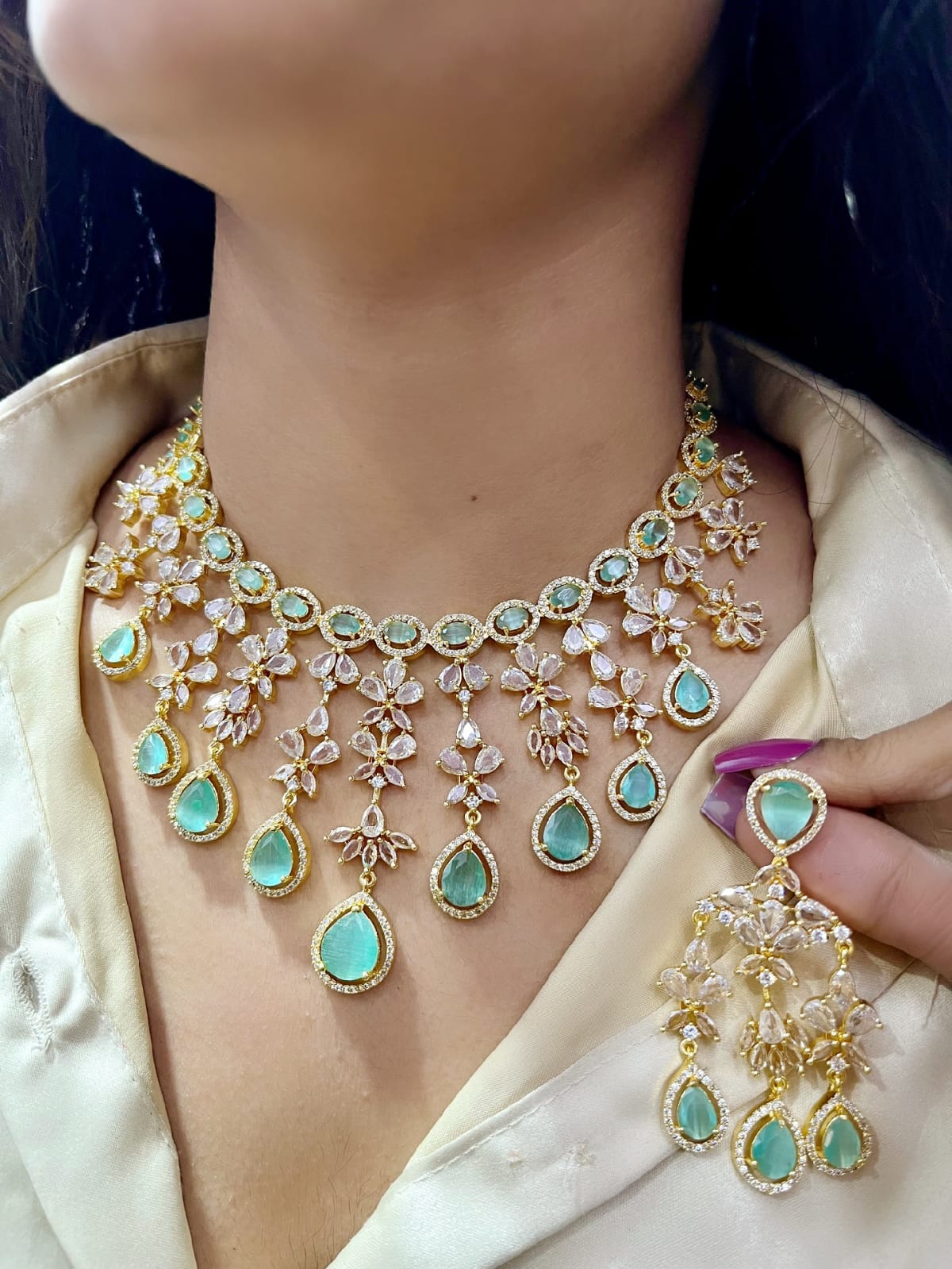 Elegant Victorian Kundan Necklace Set with Mint Green Teardrop Stones & Matching Earrings – Indian Kundan Jewellery | Libasaa