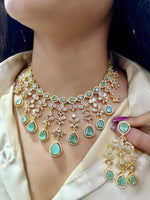 Elegant Victorian Kundan Necklace Set with Mint Green Teardrop Stones & Matching Earrings – Indian Kundan Jewellery | Libasaa