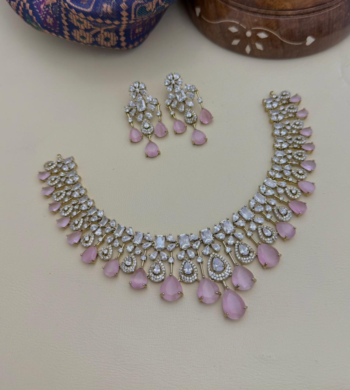 Stone Diamond-Style Necklace Set with Matching Earrings | Indian Jewellery Stone Necklace Set