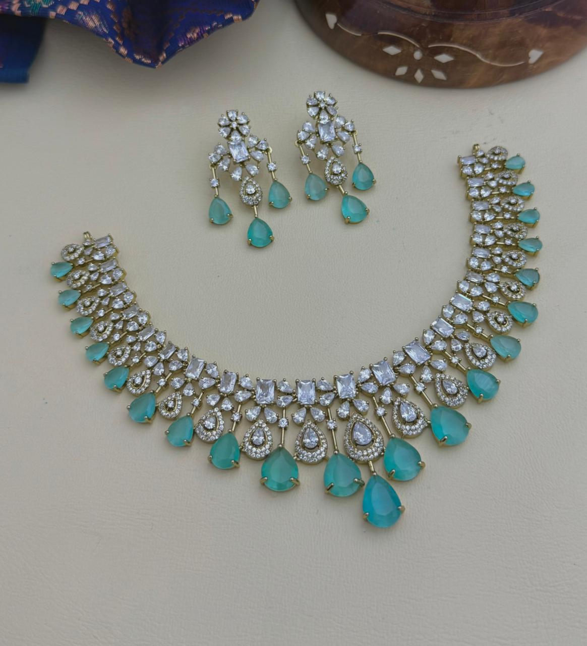 Stone Diamond-Style Necklace Set with Matching Earrings | Indian Jewellery Stone Necklace Set