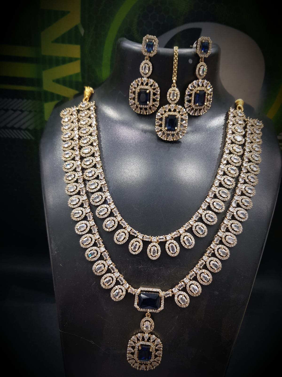 Bridal Emerald Green Stone Layered Necklace Set with Earrings & Maang Tikka | Gold Plated Indian Jewellery Necklace Set