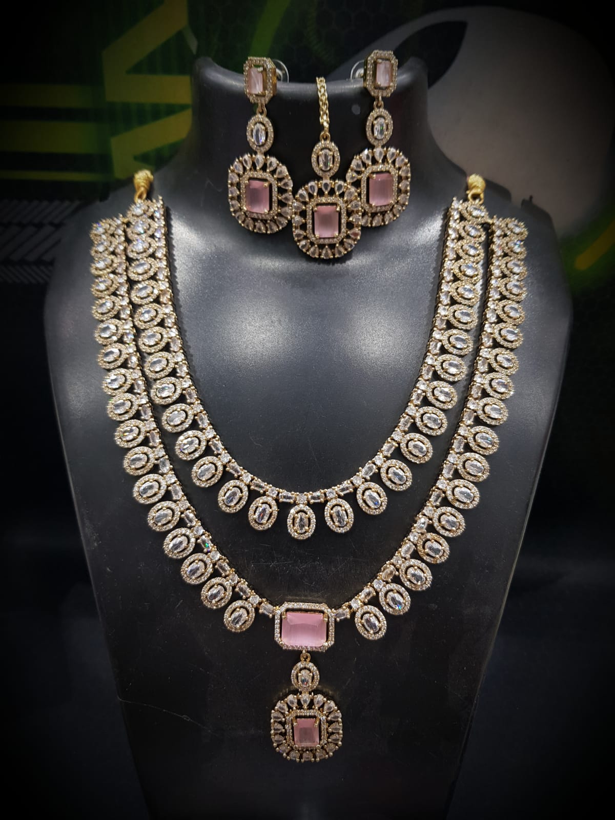 Bridal Emerald Green Stone Layered Necklace Set with Earrings & Maang Tikka | Gold Plated Indian Jewellery Necklace Set