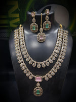 Bridal Emerald Green Stone Layered Necklace Set with Earrings & Maang Tikka | Gold Plated Indian Jewellery Necklace Set