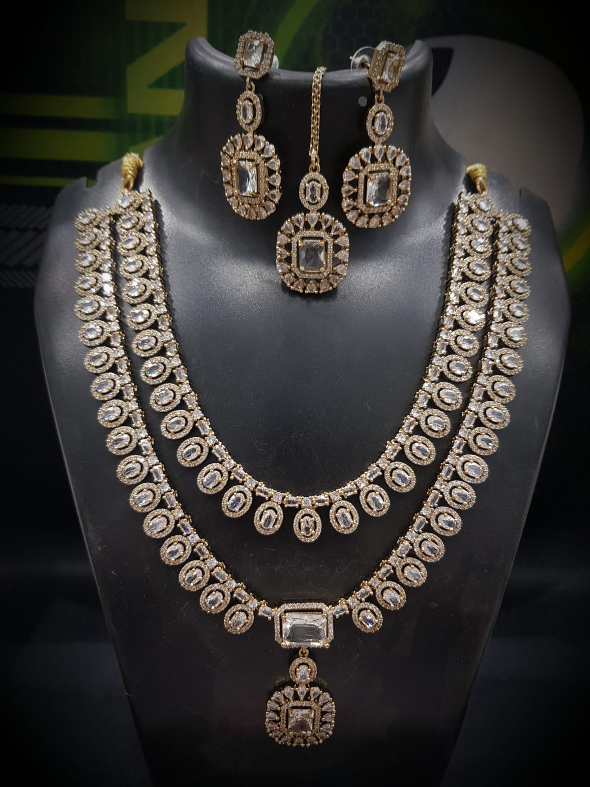Bridal Emerald Green Stone Layered Necklace Set with Earrings & Maang Tikka | Gold Plated Indian Jewellery Necklace Set