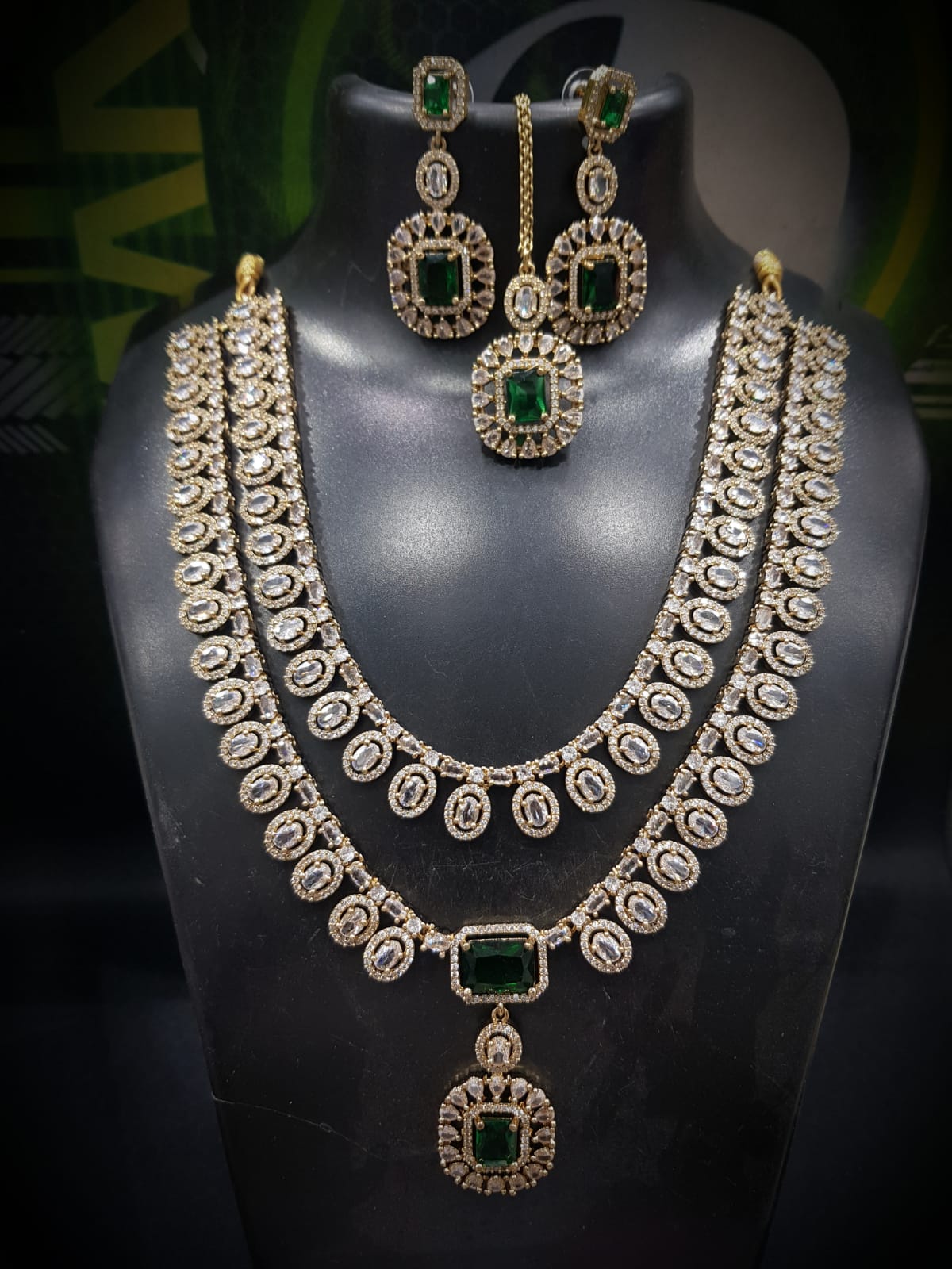 Bridal Emerald Green Stone Layered Necklace Set with Earrings & Maang Tikka | Gold Plated Indian Jewellery Necklace Set
