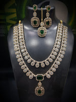 Bridal Emerald Green Stone Layered Necklace Set with Earrings & Maang Tikka | Gold Plated Indian Jewellery Necklace Set