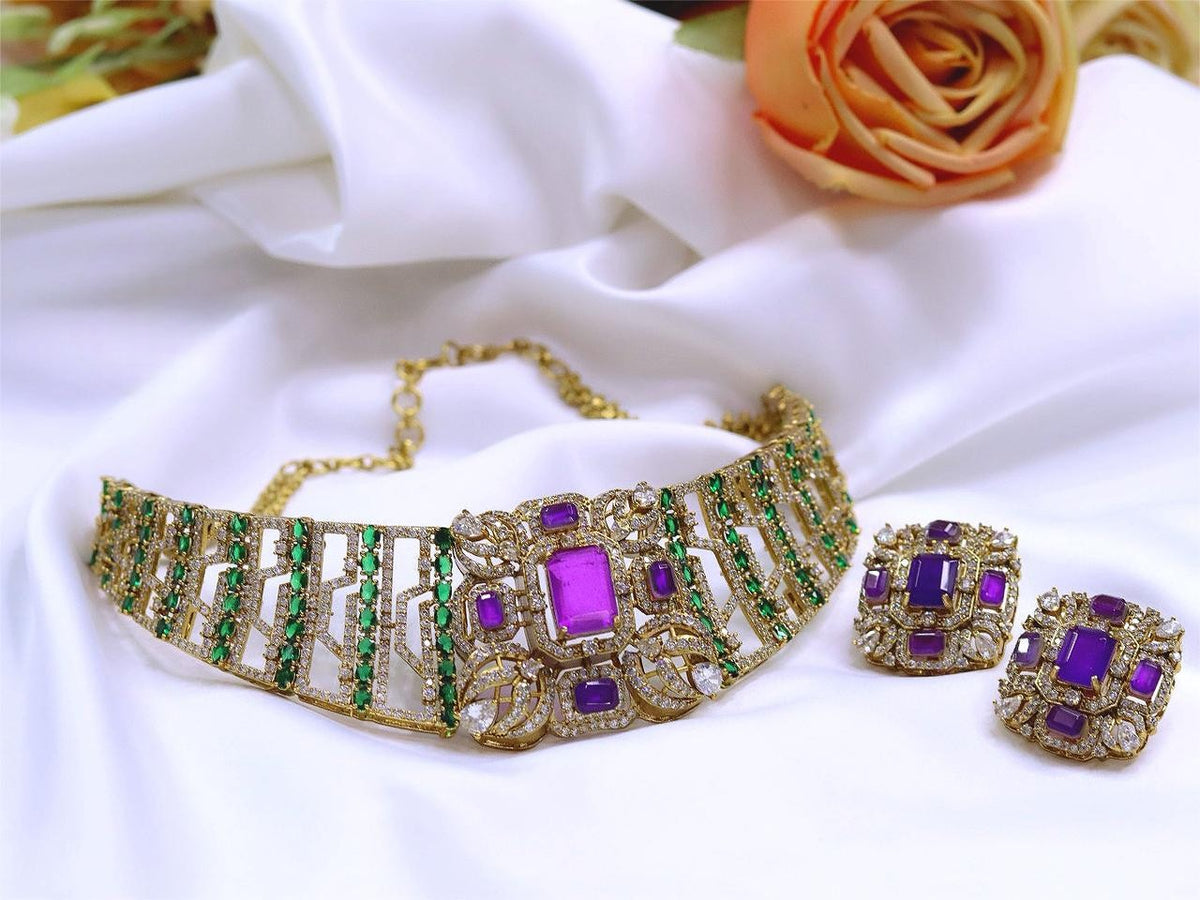Premium Purple & Green Stone Gold-Plated Kundan Choker Necklace Set with Matching Earrings | Kareena Kapoor Inspired Bollywood Indian Jewellery Set