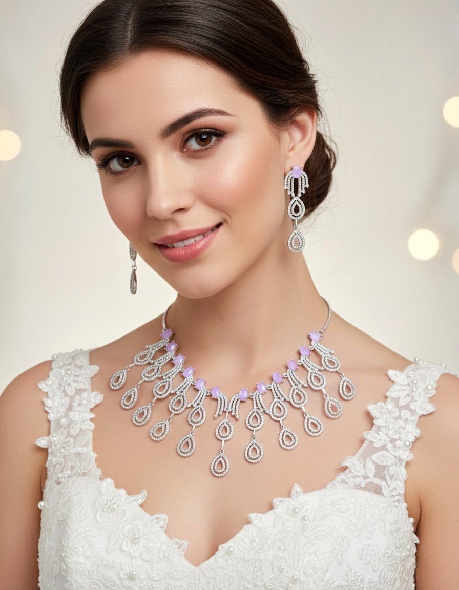 Ruby & Diamond Bridal Necklace Set with Matching Earrings | AD Jewellery Indian Necklace Set