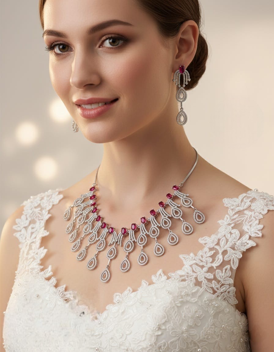 Ruby & Diamond Bridal Necklace Set with Matching Earrings | AD Jewellery Indian Necklace Set