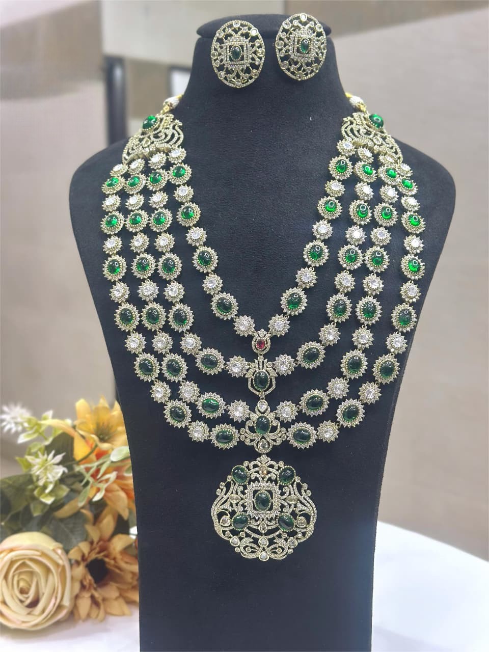 Emerald Green Stone Bridal Long Necklace Set with Earrings | Kundan Jewellery Indian Necklace Set | Traditional Wedding Jewellery