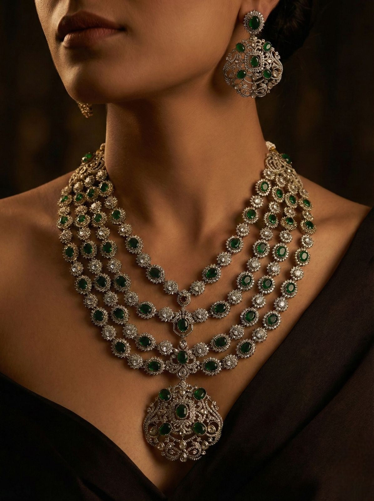 Emerald Green Stone Bridal Long Necklace Set with Earrings | Kundan Jewellery Indian Necklace Set | Traditional Wedding Jewellery