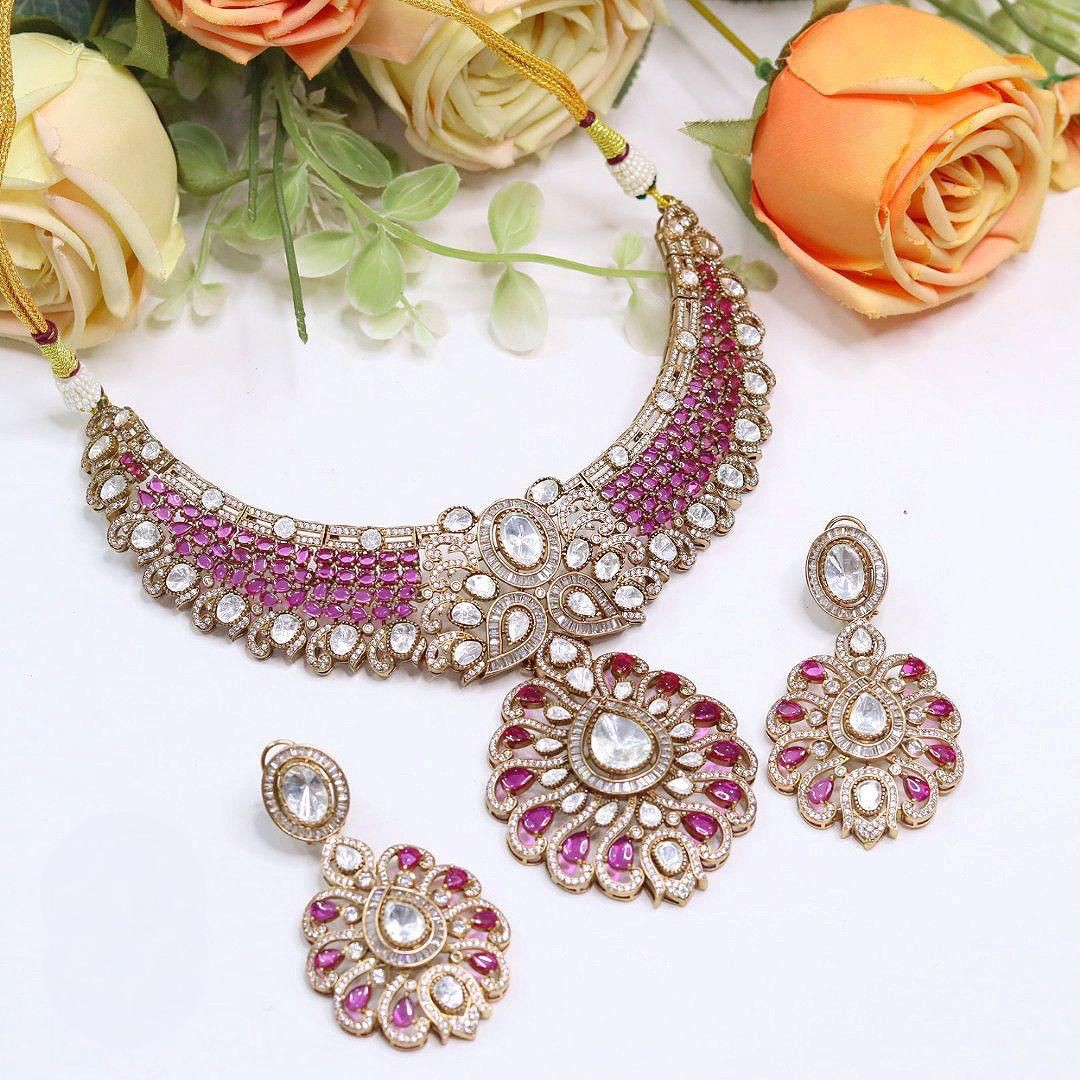 Stone Kundan Bridal Necklace Set with Earrings | Gold Tone Indian Wedding Jewellery Set | Traditional Ethnic Necklace