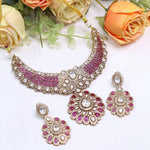 Stone Kundan Bridal Necklace Set with Earrings | Gold Tone Indian Wedding Jewellery Set | Traditional Ethnic Necklace