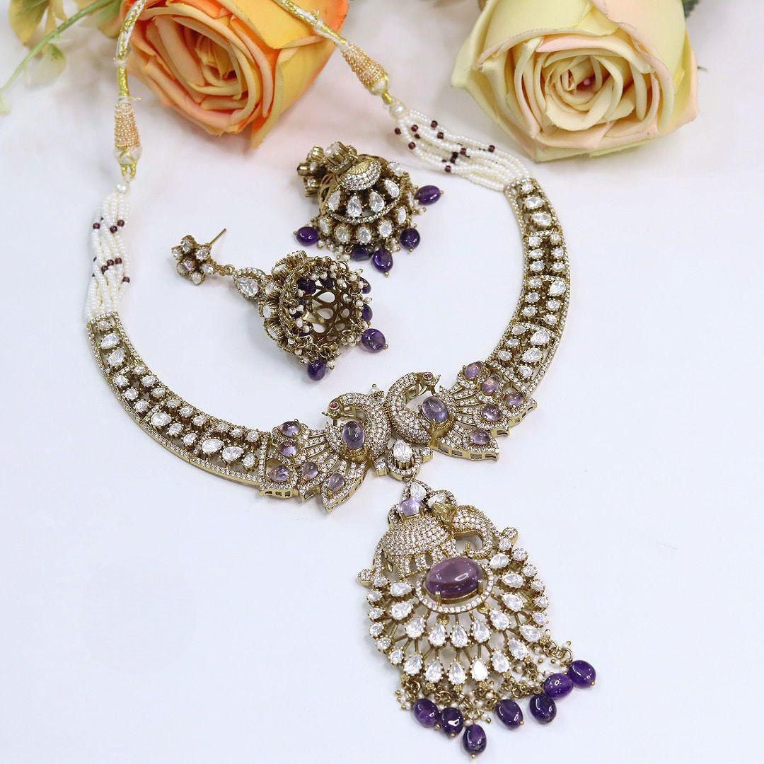 Elephant & Peacock Design Kundan Necklace Set with Jhumki Earrings | Gold Tone Indian Bridal Wedding Ethnic Jewellery