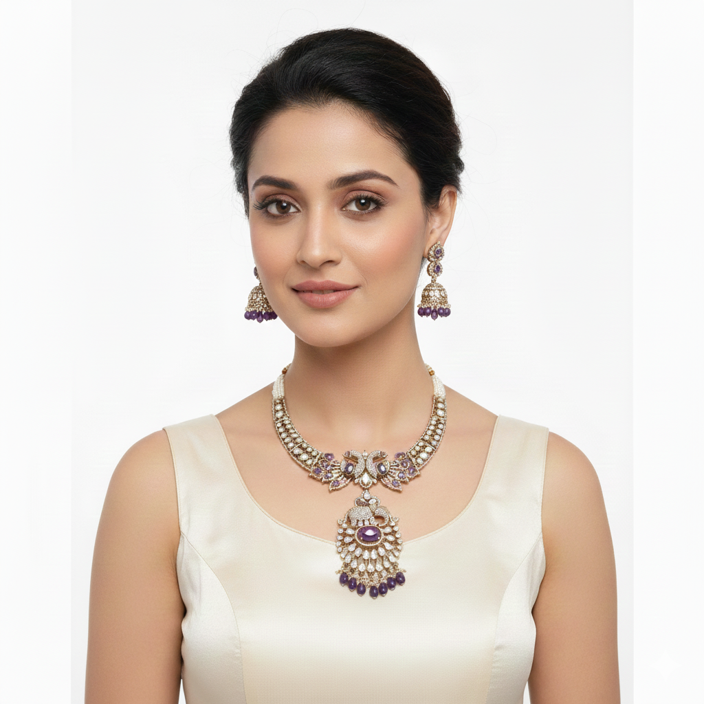 Elephant & Peacock Design Kundan Necklace Set with Jhumki Earrings | Gold Tone Indian Bridal Wedding Ethnic Jewellery