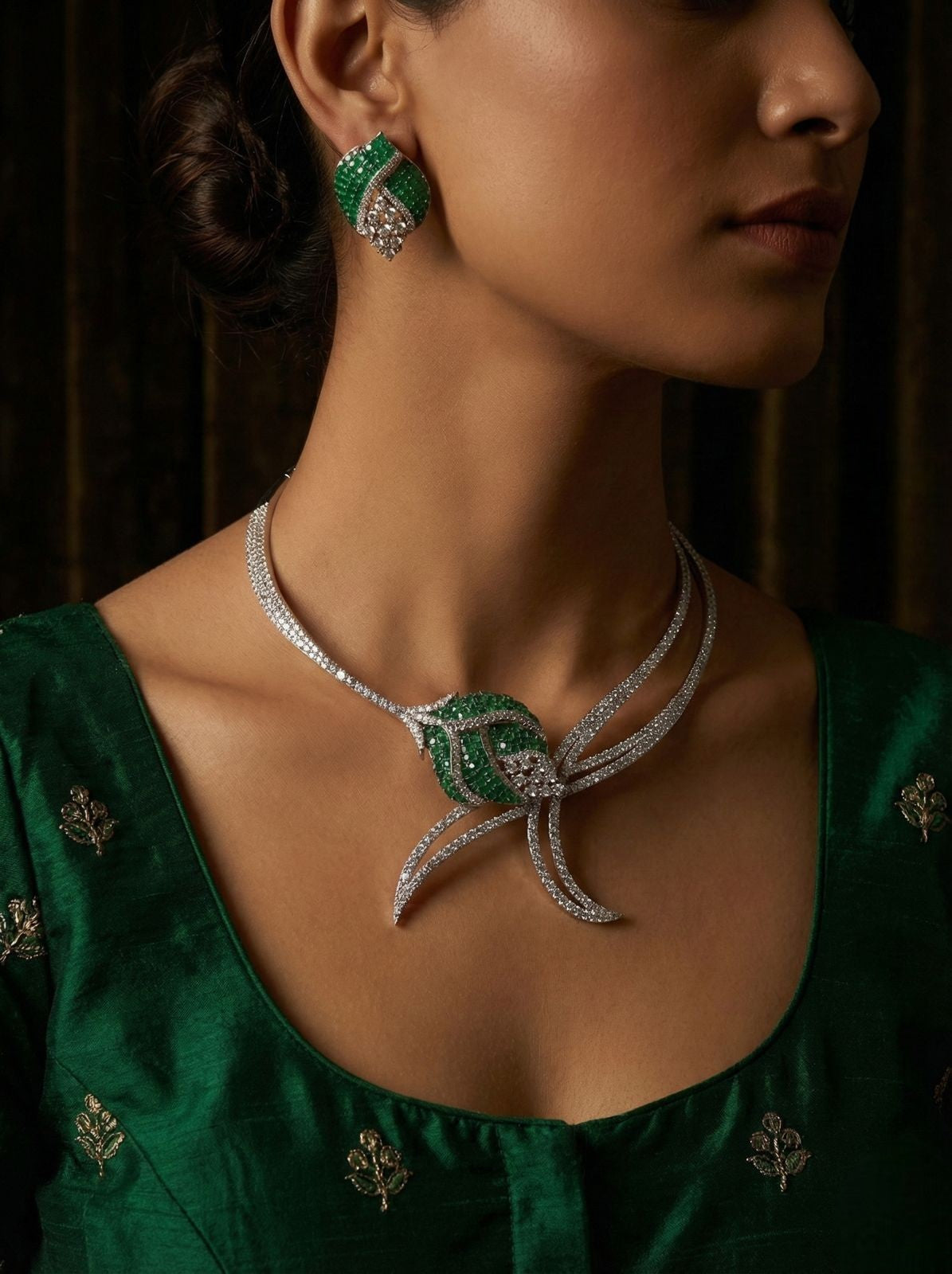 Luxury Green Stone American Diamond Necklace Set with Earrings | Indian Jewellery Silver-Tone Bridal Necklace Set | Party Wear Indian Necklace Set