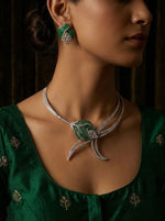 Luxury Green Stone American Diamond Necklace Set with Earrings | Indian Jewellery Silver-Tone Bridal Necklace Set | Party Wear Indian Necklace Set