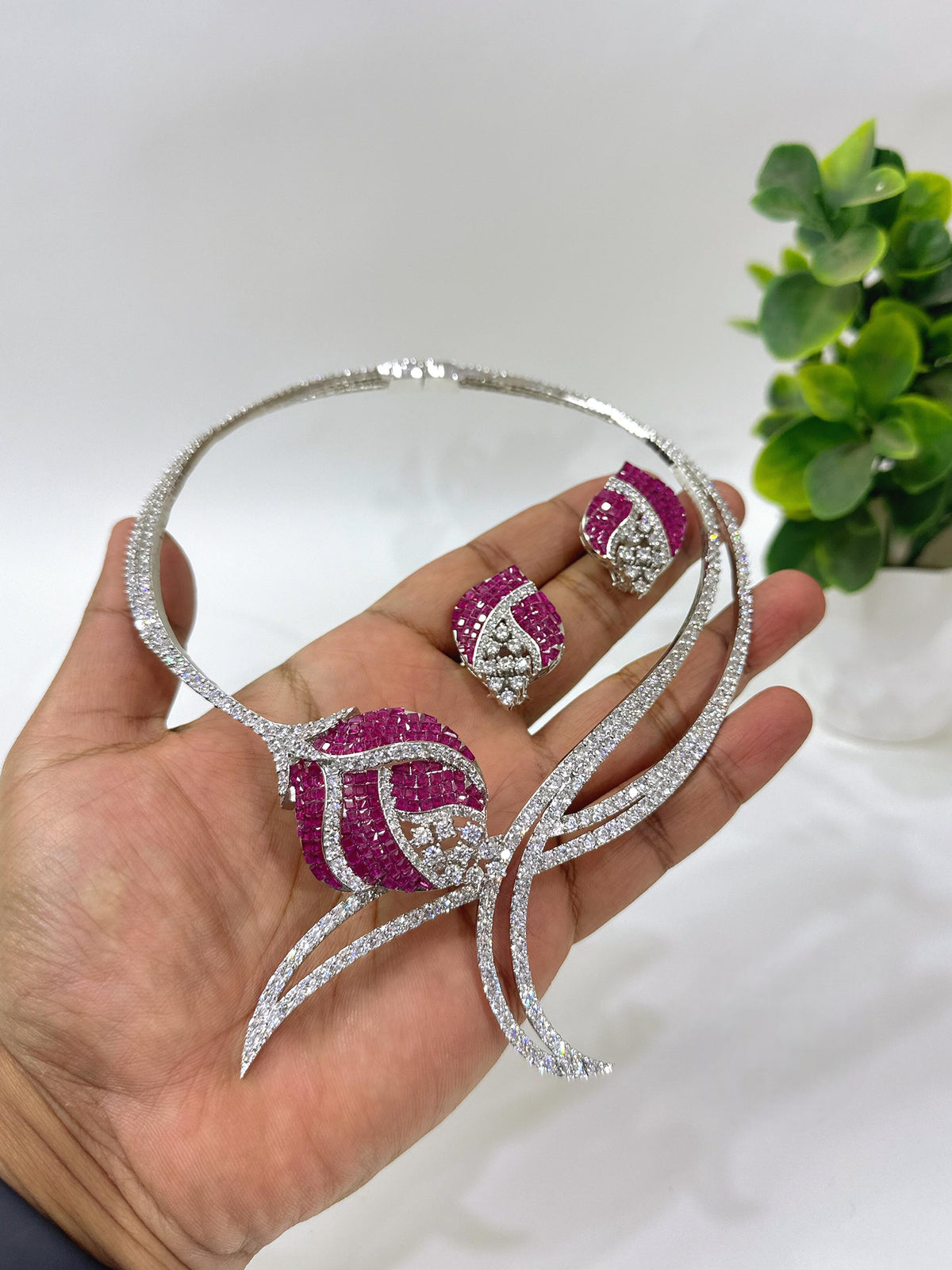 Luxury Green Stone American Diamond Necklace Set with Earrings | Indian Jewellery Silver-Tone Bridal Necklace Set | Party Wear Indian Necklace Set