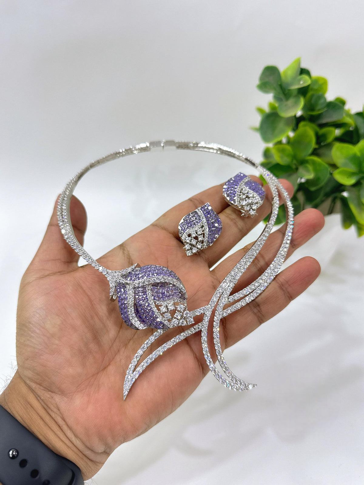 Luxury Green Stone American Diamond Necklace Set with Earrings | Indian Jewellery Silver-Tone Bridal Necklace Set | Party Wear Indian Necklace Set