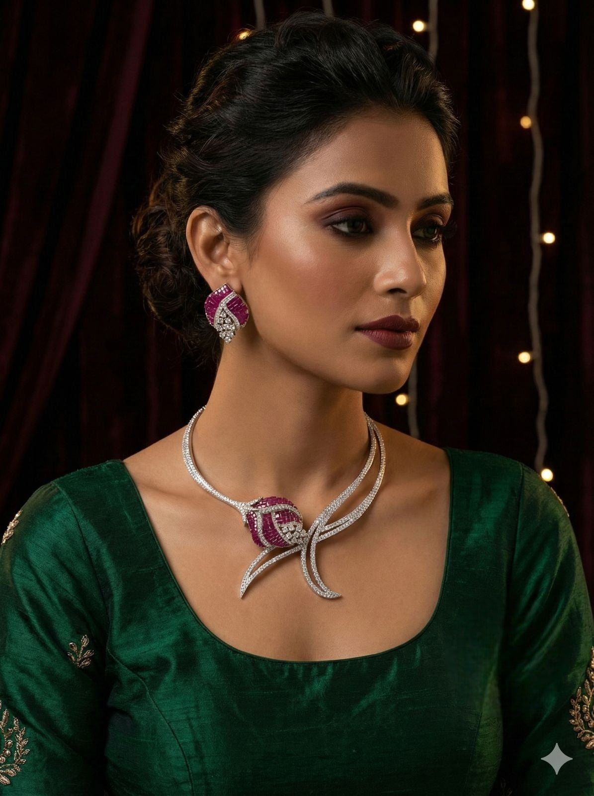 Luxury Green Stone American Diamond Necklace Set with Earrings | Indian Jewellery Silver-Tone Bridal Necklace Set | Party Wear Indian Necklace Set