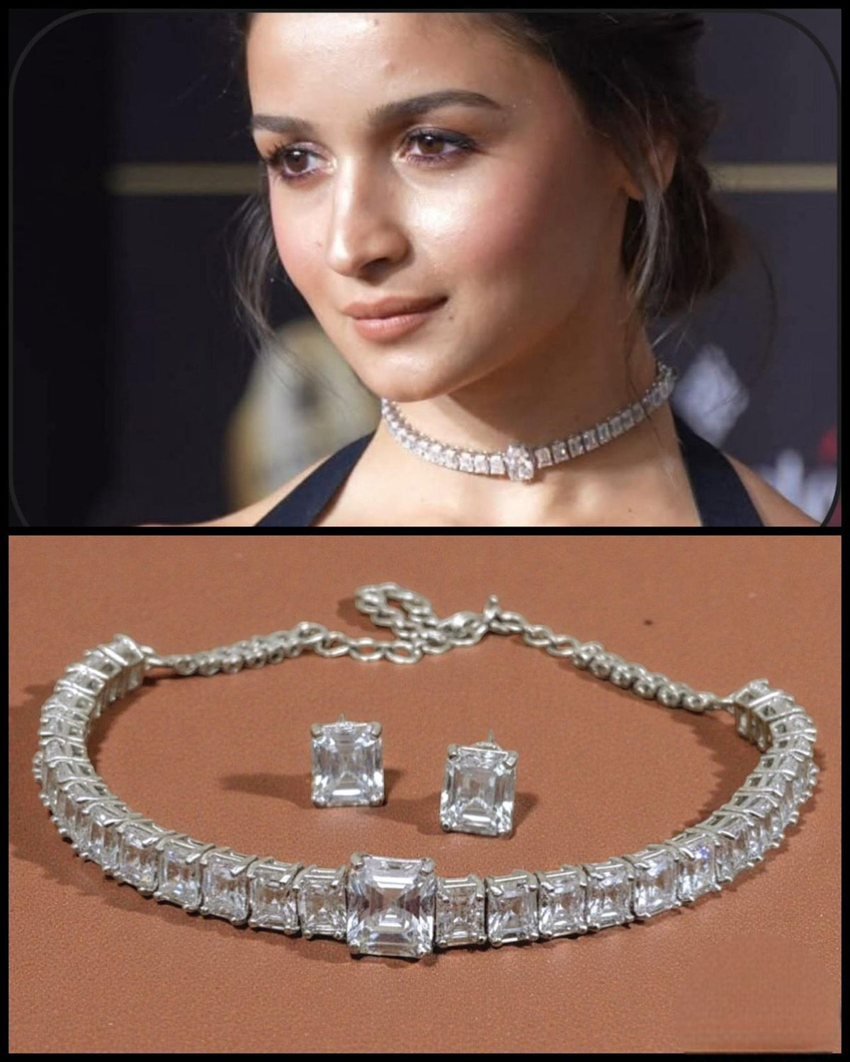 Alia Bhatt Inspired Radiant Square-Cut Diamond Choker Necklace Set with Matching Earrings Bridal Party Wear Indian Necklace Set