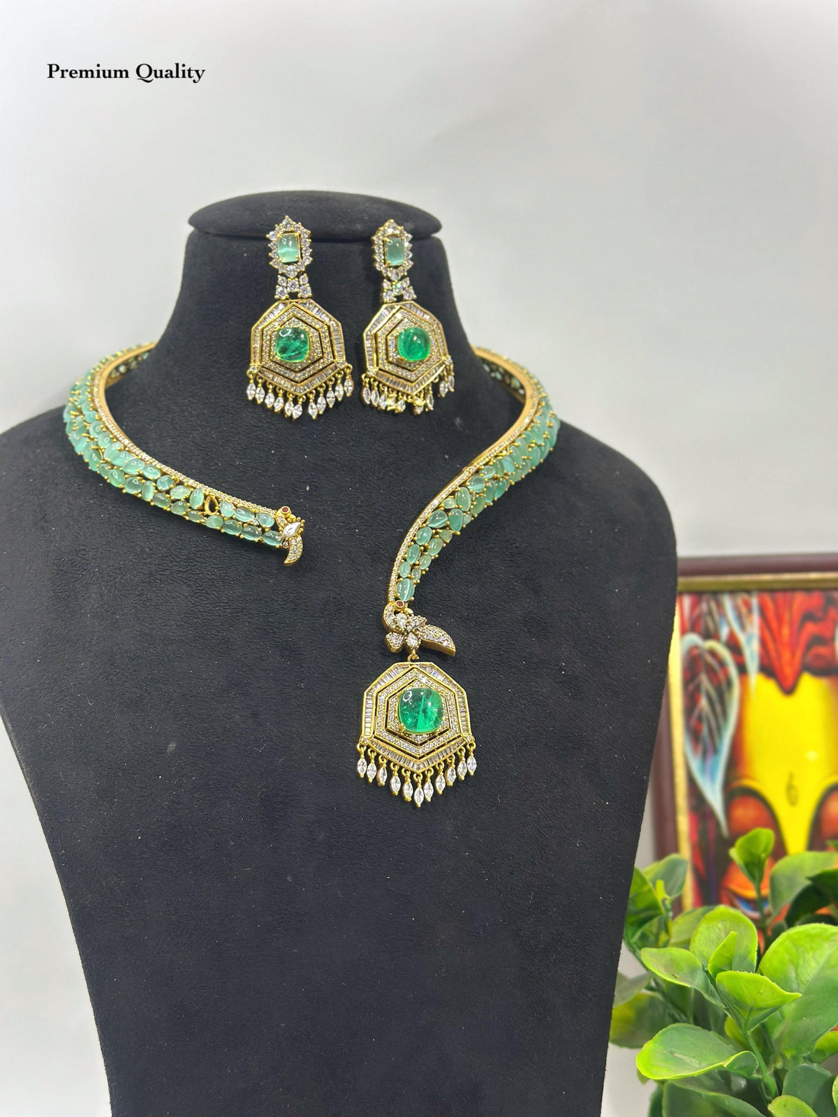 Victorian Polki Diamond Necklace Set with Emerald & Ruby Stones | Sabyasachi Inspired Bridal Jewelry | Dual Tone Gold Choker & Earrings Set for Weddings