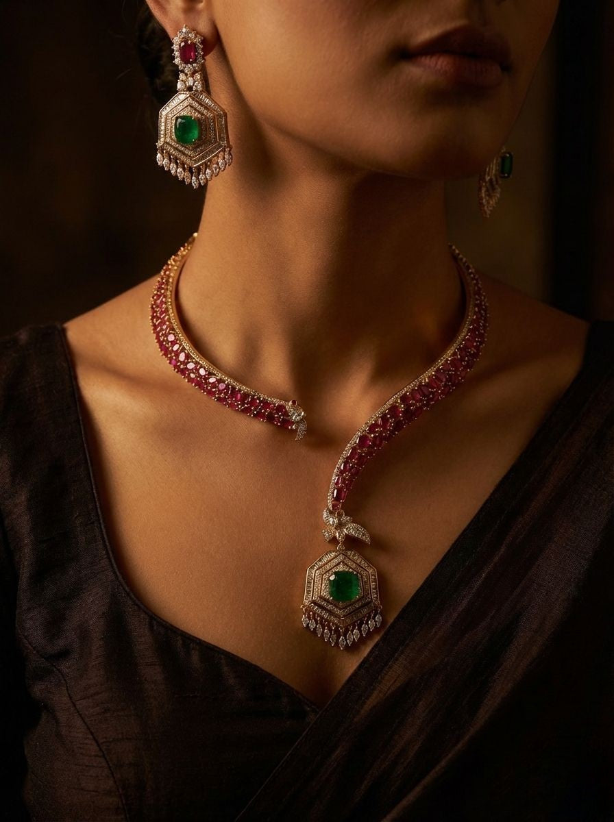 Victorian Polki Diamond Necklace Set with Emerald & Ruby Stones | Sabyasachi Inspired Bridal Jewelry | Dual Tone Gold Choker & Earrings Set for Weddings
