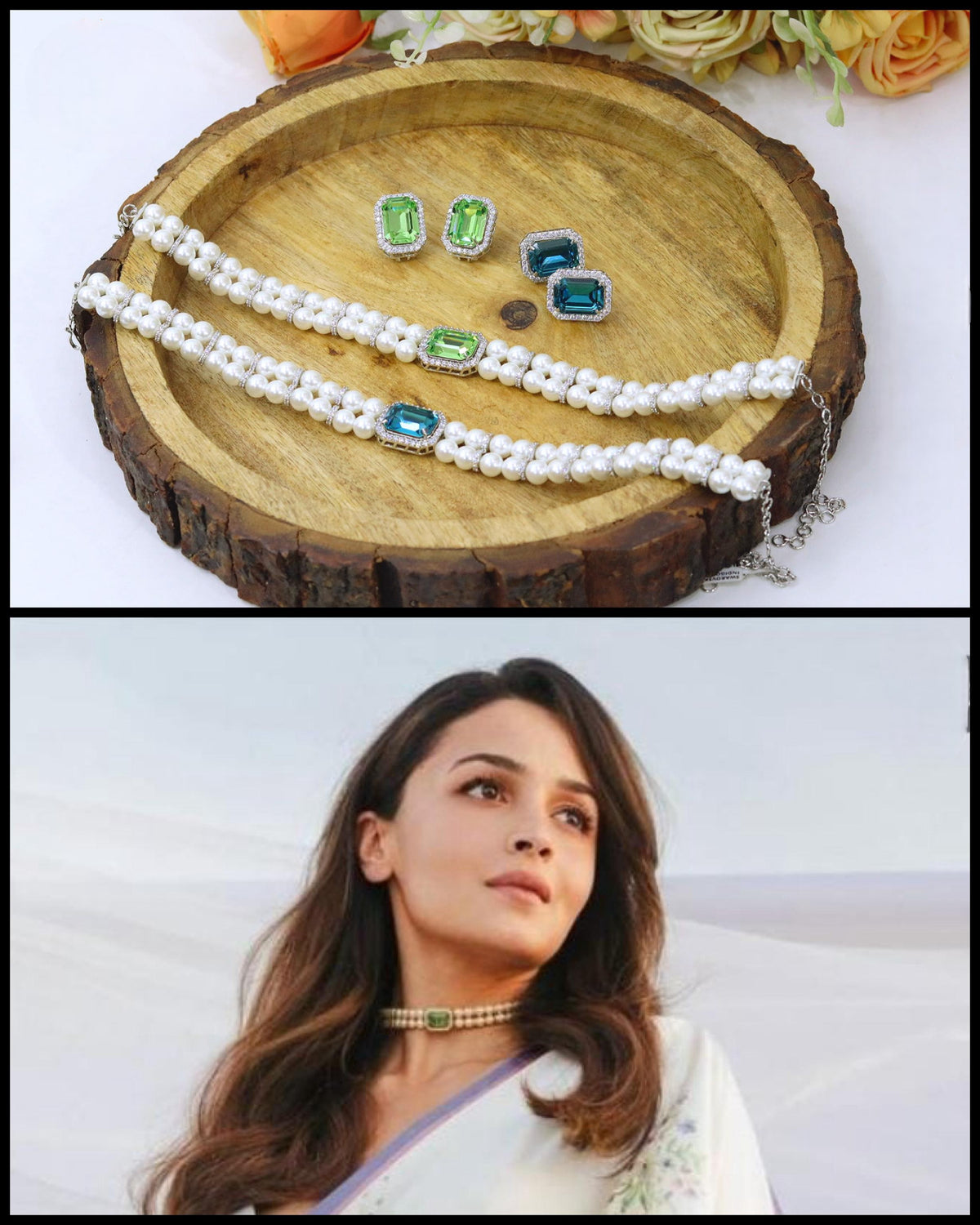 Pearl Choker Necklace Set with Emerald Cut Green & Blue Crystal Stud Earrings – Elegant Bridal & Party Jewelry