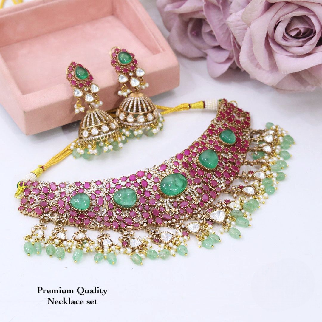 Premium Kundan Choker Necklace Set with Green Stones | Ruby & Pearl Indian Jewellery with Jhumka Earrings