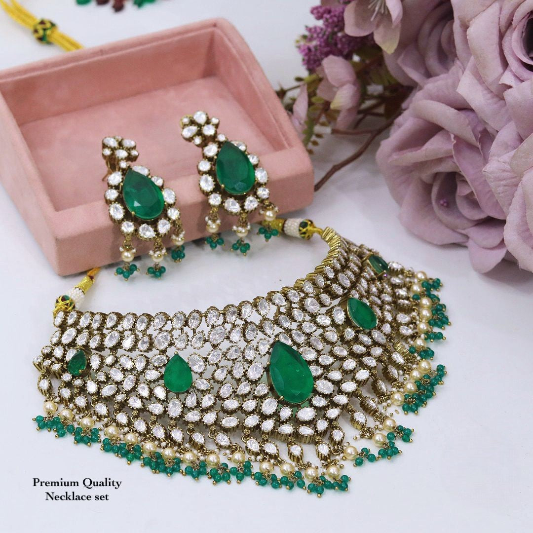 Premium Kundan Choker Necklace Set with Green Stones & Pearl Drops | Indian Kundan Jewellery with Matching Earrings