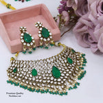 Premium Kundan Choker Necklace Set with Green Stones & Pearl Drops | Indian Kundan Jewellery with Matching Earrings