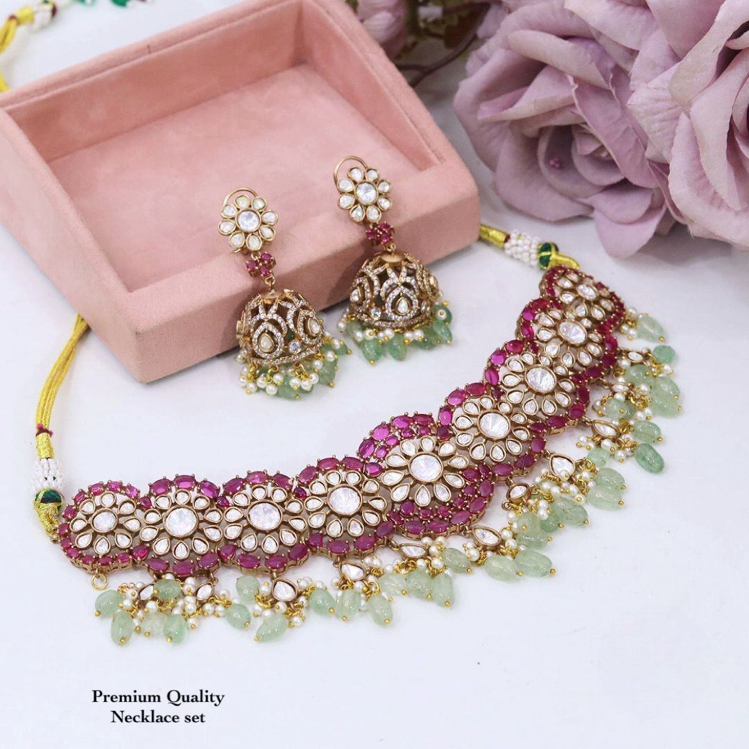 Premium Kundan Choker Necklace Set with Green Stones & Pearl Drops | Indian Kundan & Pearl Jewellery with Matching Jhumki Earrings