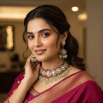 Premium Kundan Choker Necklace Set with Green Stones & Pearl Drops | Indian Kundan & Pearl Jewellery with Matching Jhumki Earrings