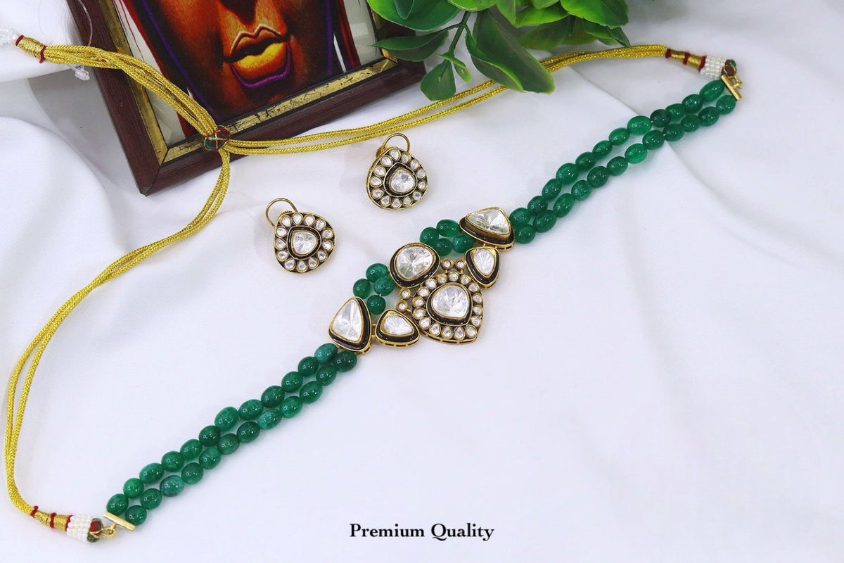 Green Beaded Kundan Choker Set with Matching Earrings | Premium Indian Bridal & Festive Jewellery
