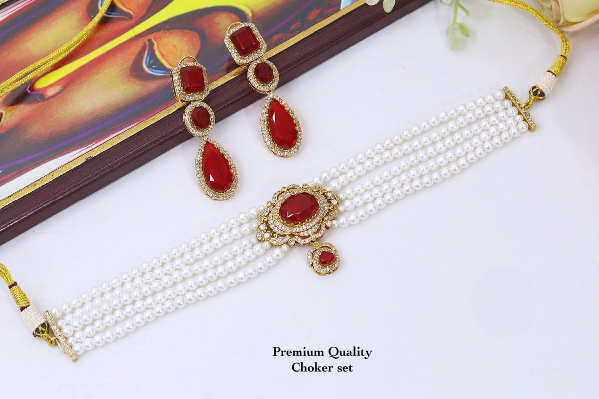 Sabyasachi Inspired Multi-Strand Pearl Choker Necklace Set with Teardrop Earrings | Royal Indian Bridal Kundan Wedding Jewellery