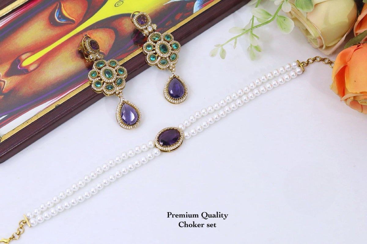 Celebrity Inspired Pearl Choker ⁠Bridal Necklace Set & Handcrafted Earrings – Antique Gold Kundan Style Indian Wedding Jewelry