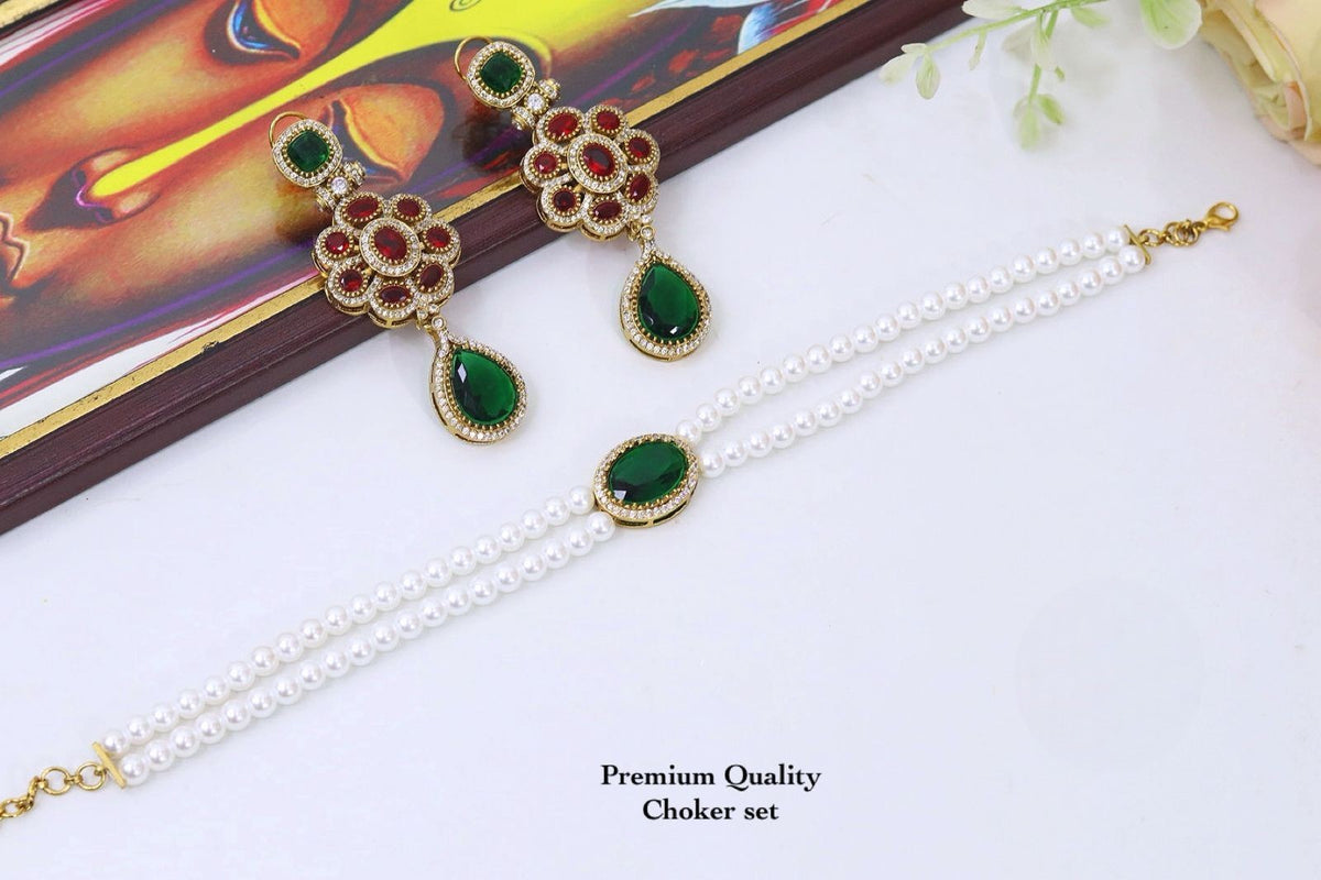 Celebrity Inspired Pearl Choker ⁠Bridal Necklace Set & Handcrafted Earrings – Antique Gold Kundan Style Indian Wedding Jewelry