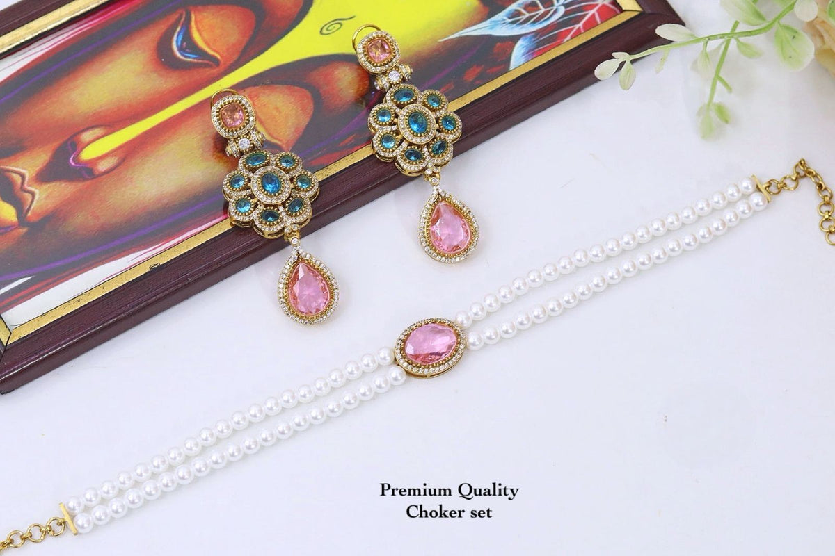 Celebrity Inspired Pearl Choker ⁠Bridal Necklace Set & Handcrafted Earrings – Antique Gold Kundan Style Indian Wedding Jewelry