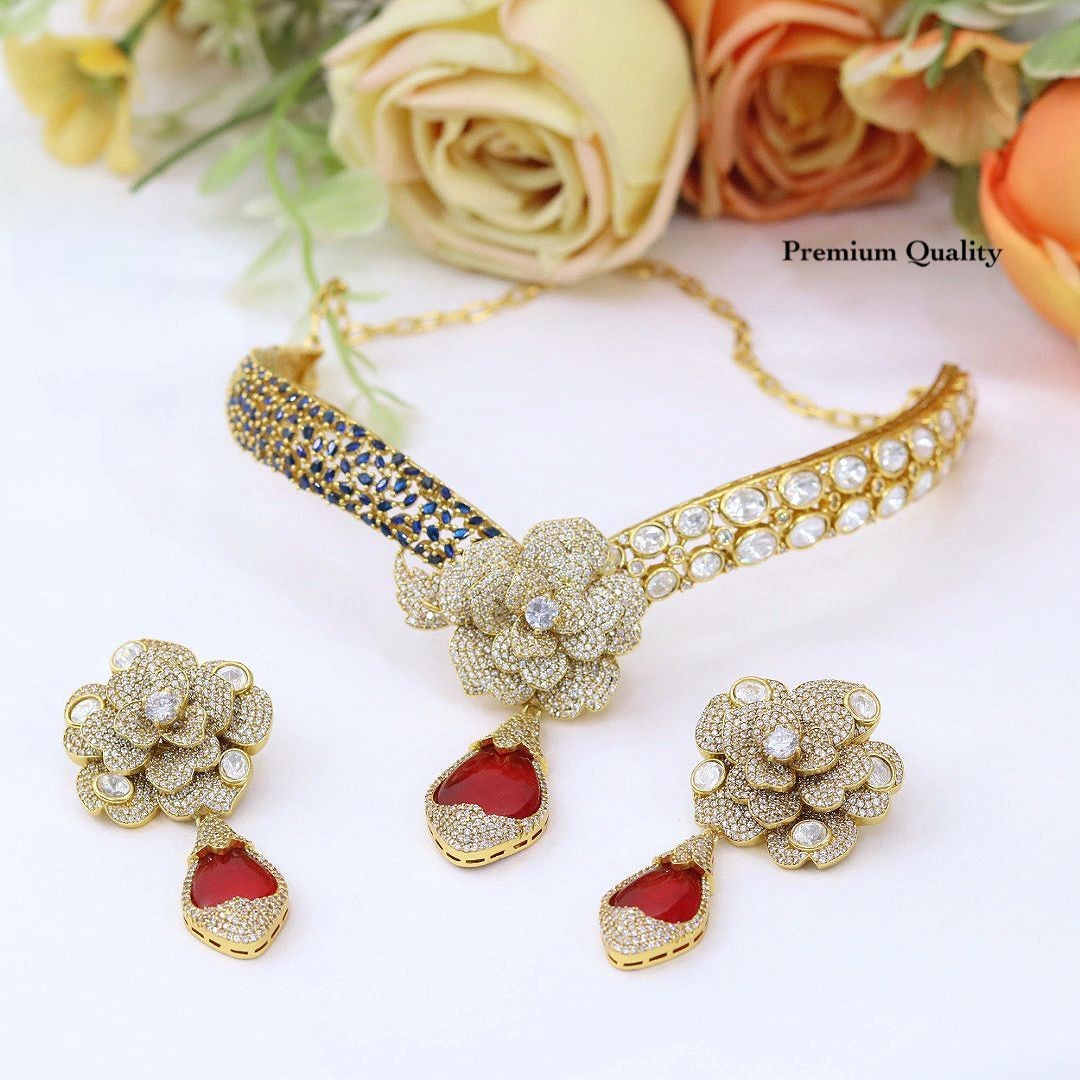 Kundan Necklace Bridal Set for Women – Gold Plated Floral Bridal Necklace Set with Earrings, Red Stone Wedding & Festive Jewellery