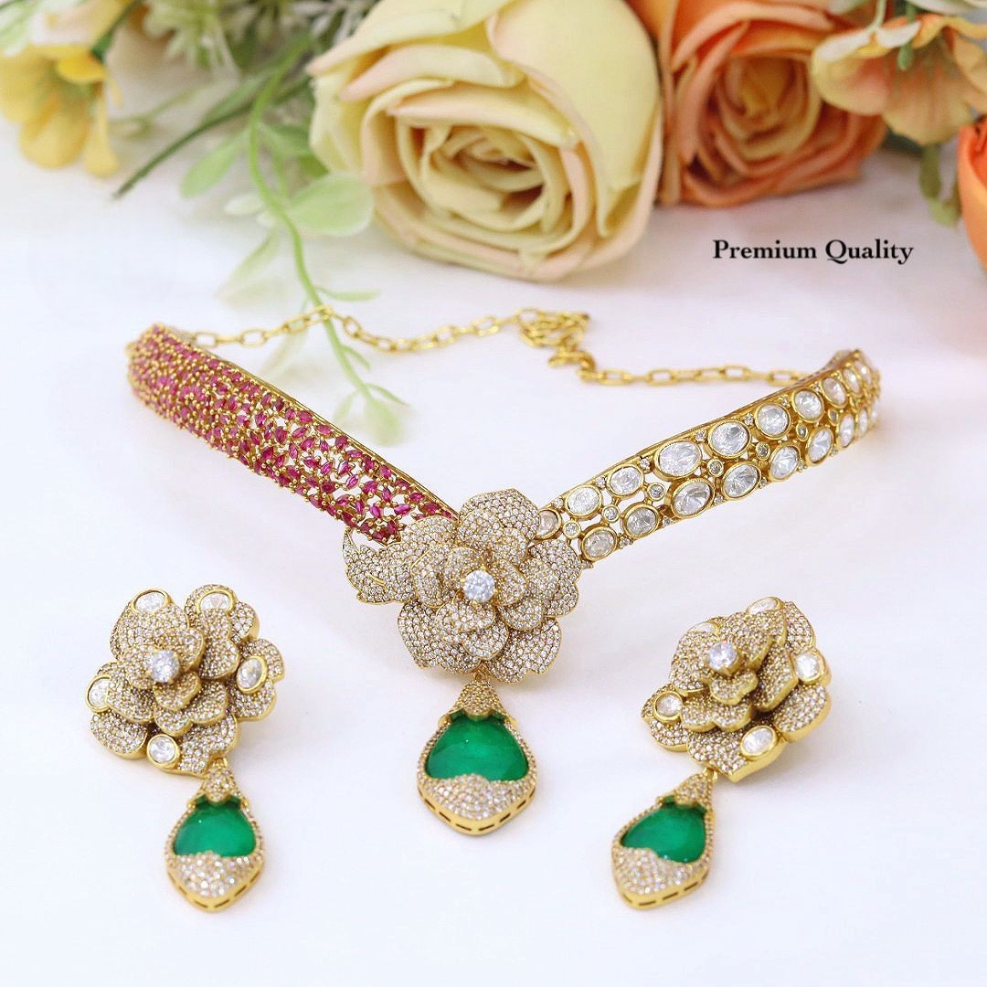 Kundan Necklace Bridal Set for Women – Gold Plated Floral Bridal Necklace Set with Earrings, Red Stone Wedding & Festive Jewellery