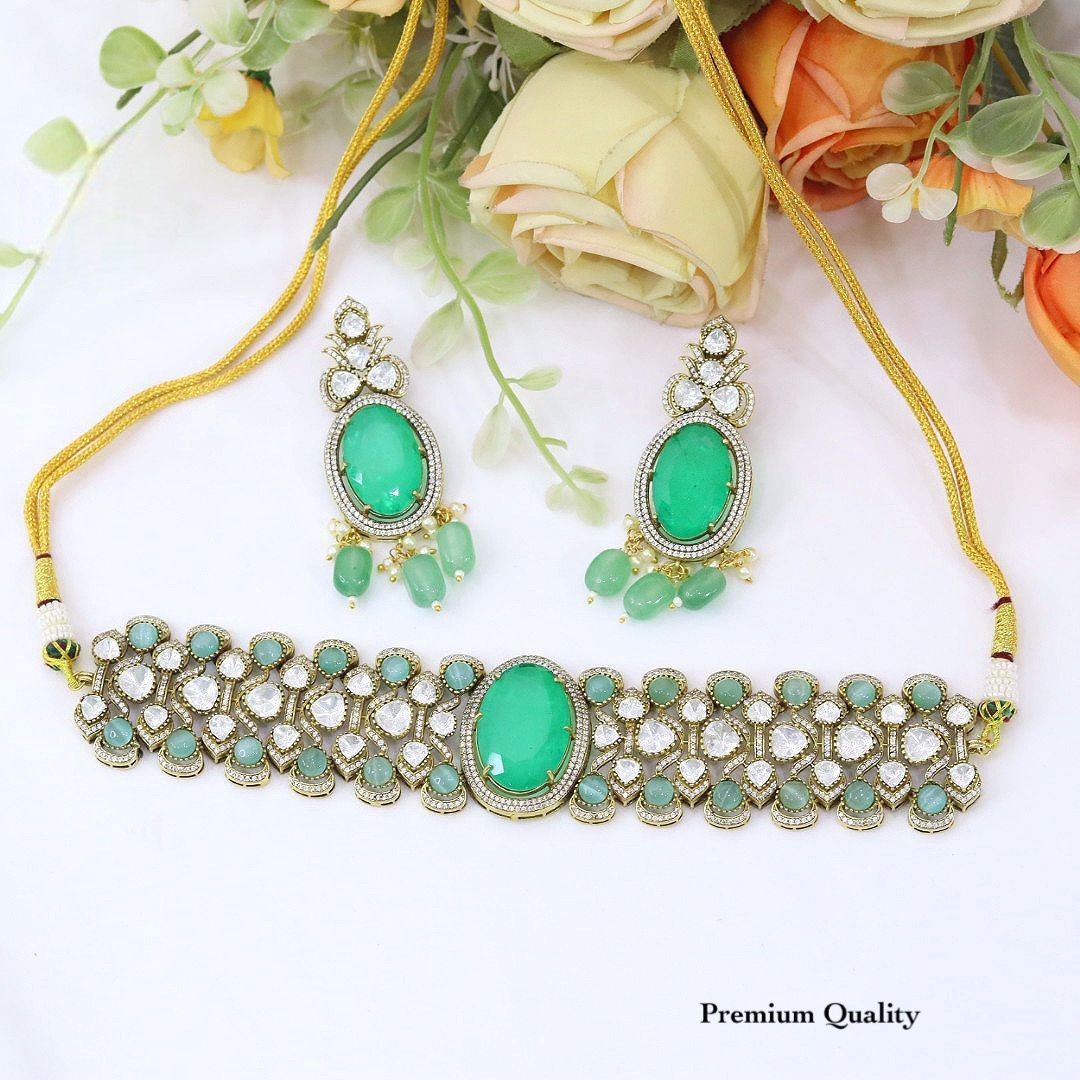Green Kundan Necklace Bridal Set – Gold Plated Choker Bridal Necklace Set with Earrings, Traditional Wedding Jewellery for Women