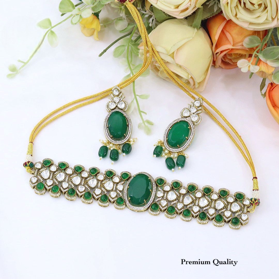 Green Kundan Necklace Bridal Set – Gold Plated Choker Bridal Necklace Set with Earrings, Traditional Wedding Jewellery for Women