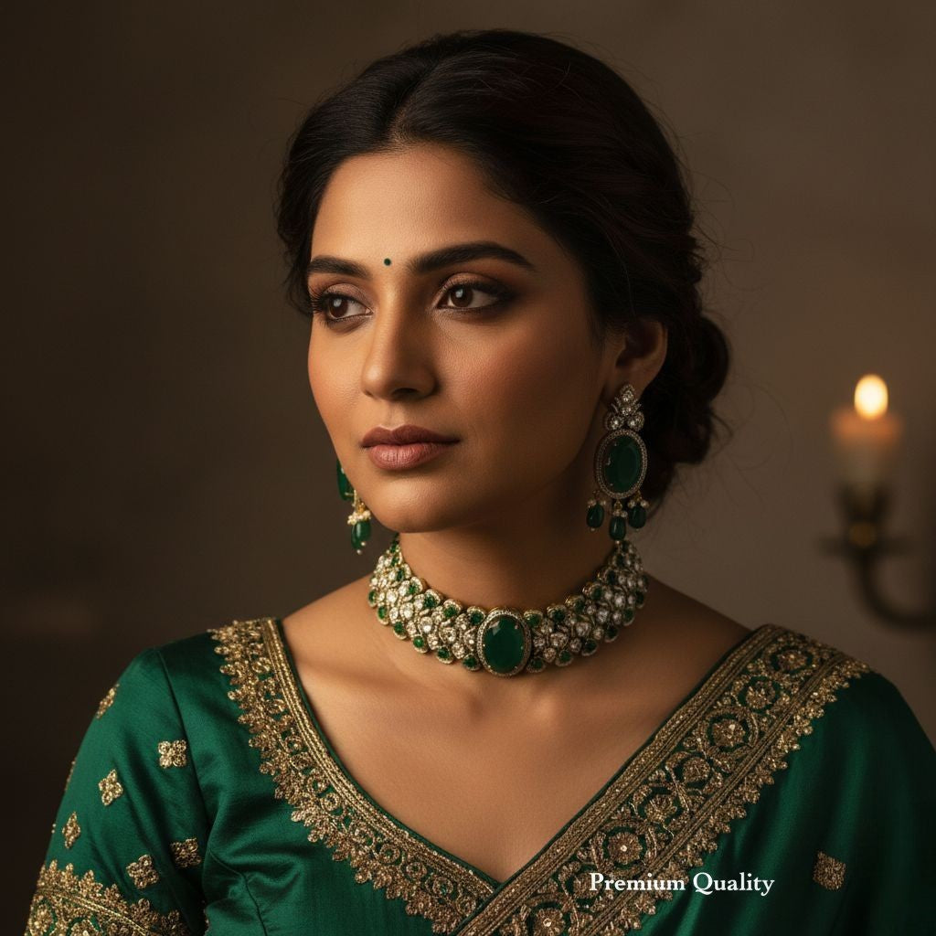 Green Kundan Necklace Bridal Set – Gold Plated Choker Bridal Necklace Set with Earrings, Traditional Wedding Jewellery for Women