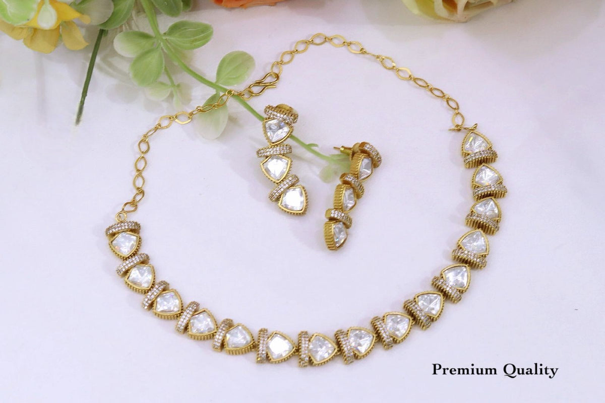 Premium American Diamond Gold-Plated Necklace Set with Earrings | Elegant AD Crystal Necklace for Wedding, Party & Festive Wear