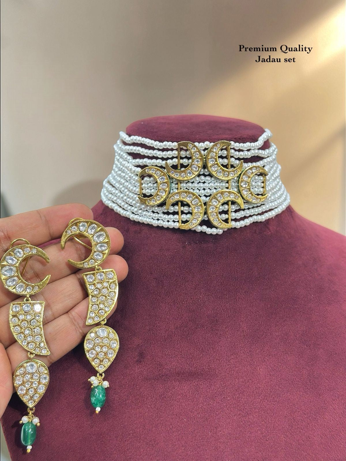 Premium Pearl Jadau Choker Necklace Set with Crescent Moon Design & Earrings | Bridal Kundan Style Indian Wedding Jewellery