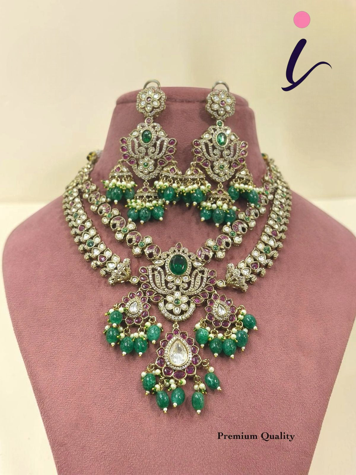 Luxury Bridal Kundan Necklace Set for Women | Designer Green Beads & Stone Jewelry Set with Earrings | Wedding & Festive Wear