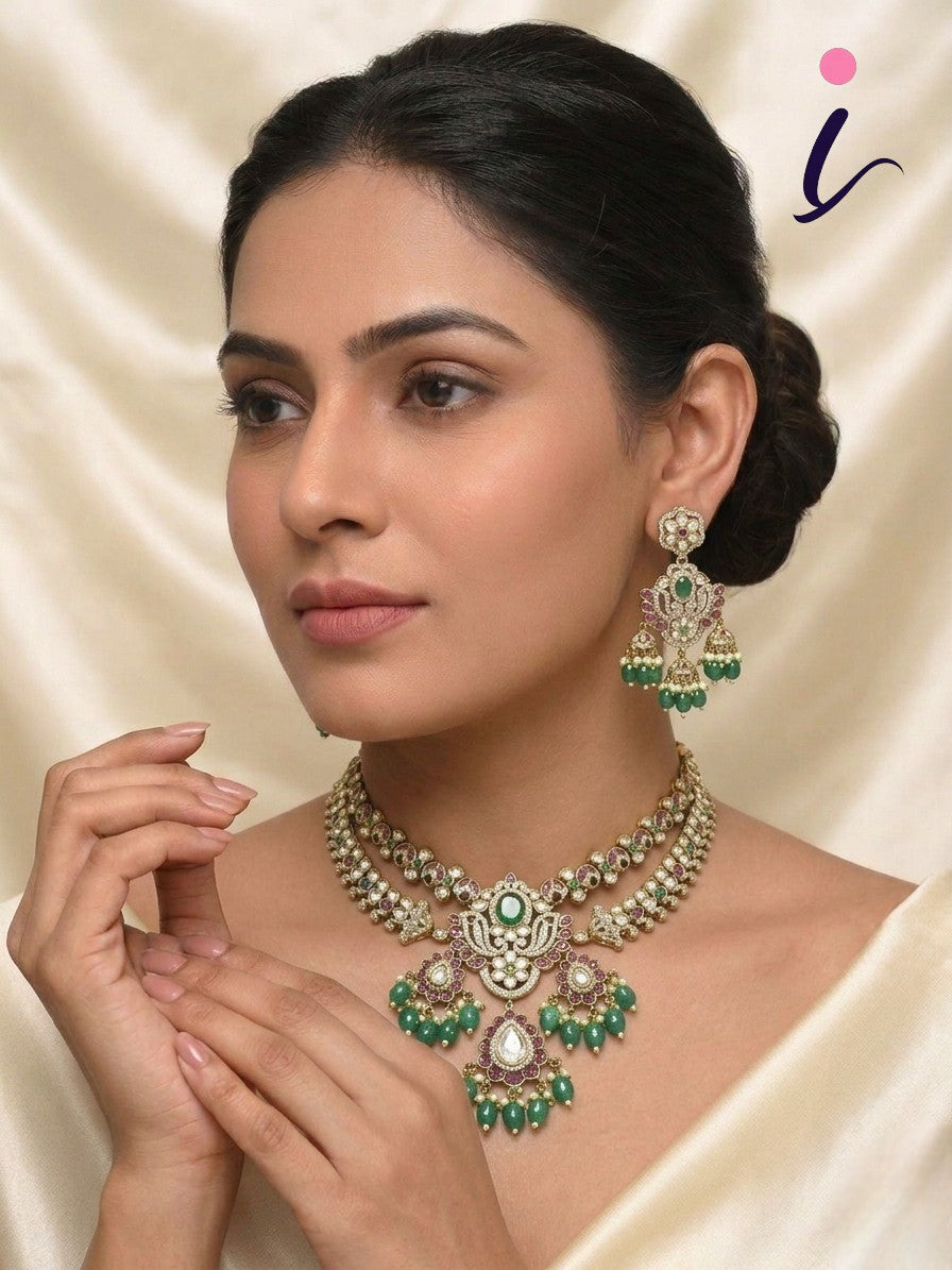 Luxury Bridal Kundan Necklace Set for Women | Designer Green Beads & Stone Jewelry Set with Earrings | Wedding & Festive Wear
