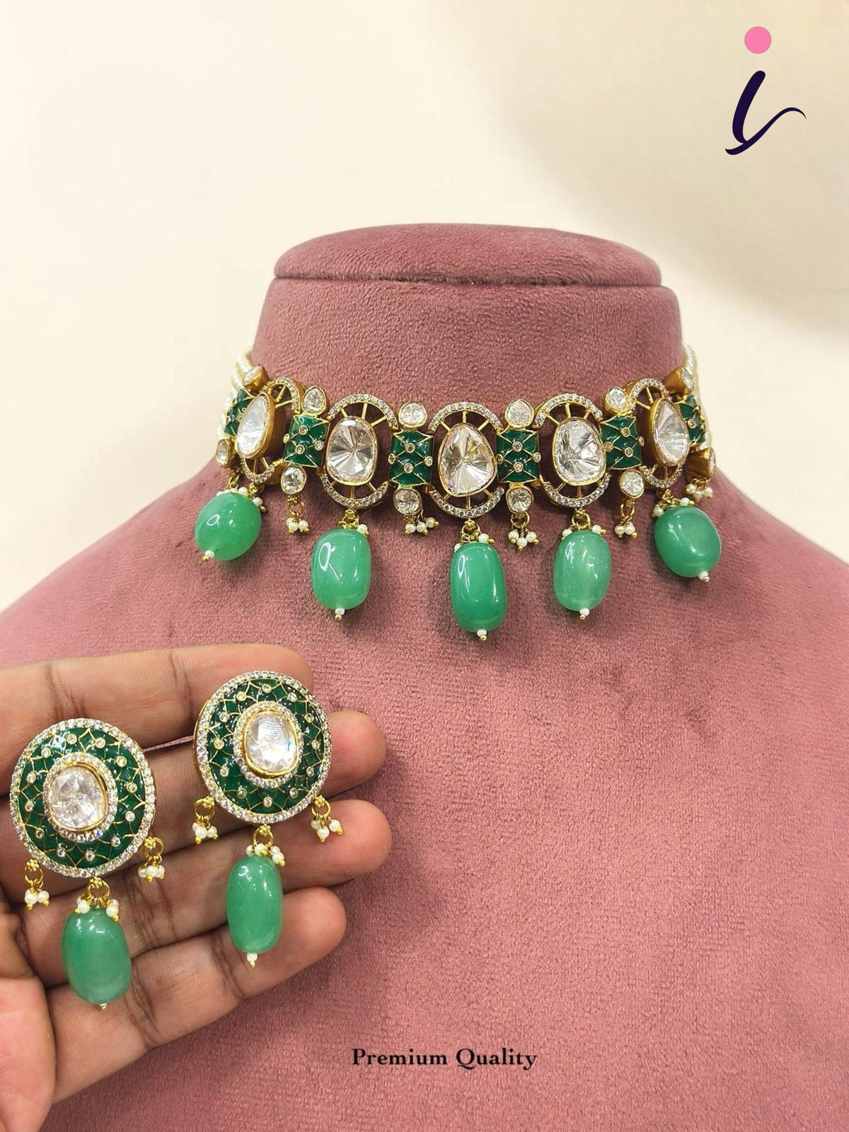 Green Kundan Choker Necklace Set with Earrings | Emerald Beads Bridal Jewellery | Traditional Indian Wedding & Party Wear Necklace