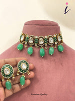 Green Kundan Choker Necklace Set with Earrings | Emerald Beads Bridal Jewellery | Traditional Indian Wedding & Party Wear Necklace