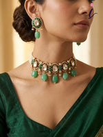 Green Kundan Choker Necklace Set with Earrings | Emerald Beads Bridal Jewellery | Traditional Indian Wedding & Party Wear Necklace